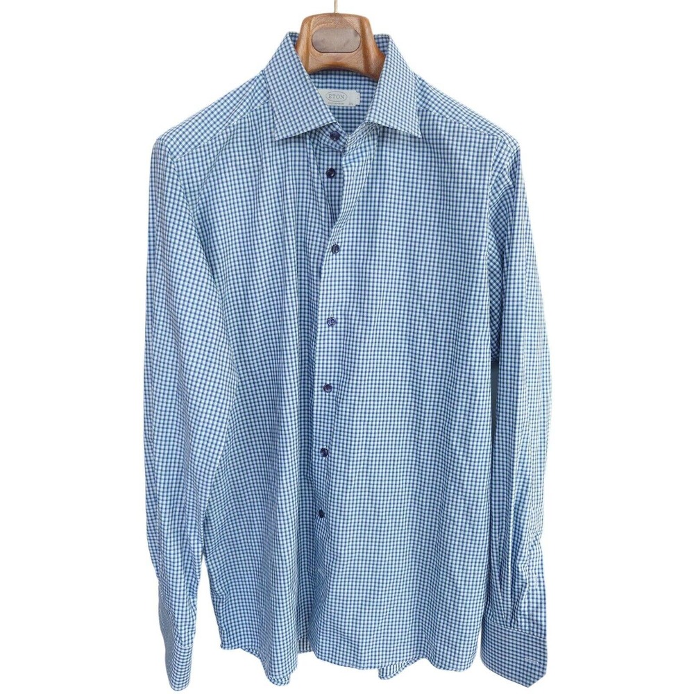 ETON Men's Contemporary Fit Button Down Shirt Blue / Green Check 'York' 16.5 L